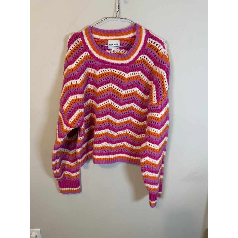 Pink Rose Womens Sweater Chevron Pointelle Knit Multicolor Pink Orange Large